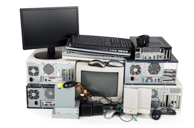 Obsolete computer equipment for recycling, isolated on white.